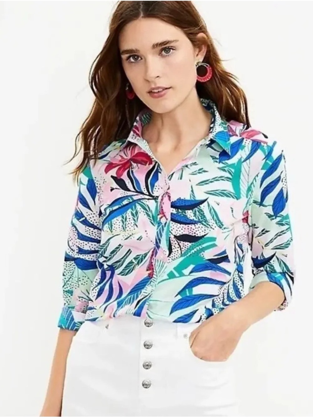 LOFT Women’s XS Tropical Floral Button Down Shirt Resortwear Lightweight NEW